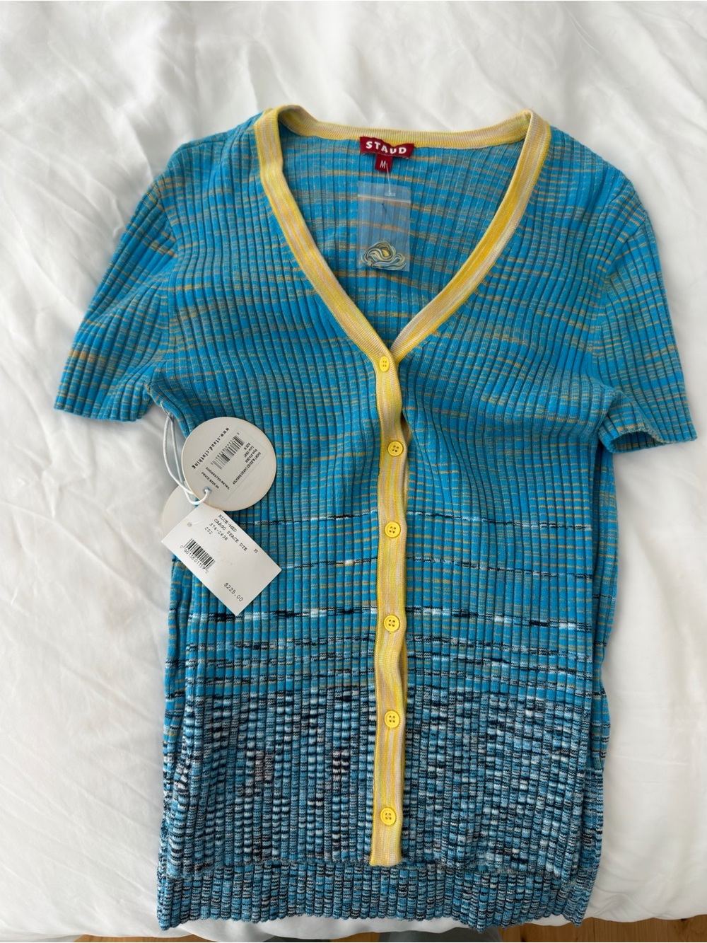 STAUD Blue and Yellow space dye cardigan set skirt size M NWT